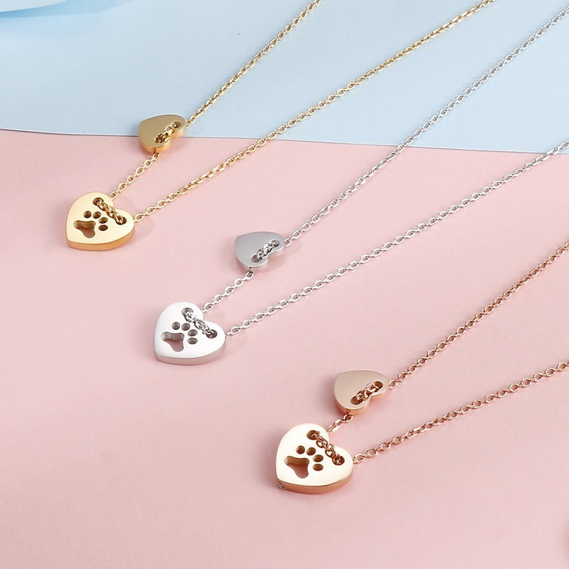 Titanium Cat Footprint Heart Necklace