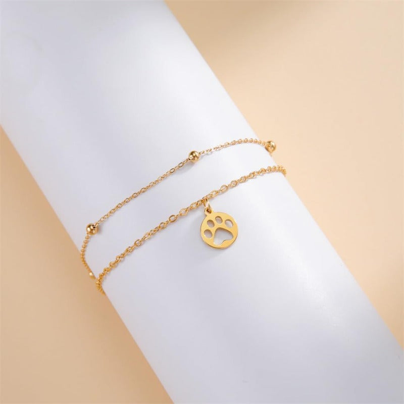 Round Paw Print Layered Stainless Steel Anklet