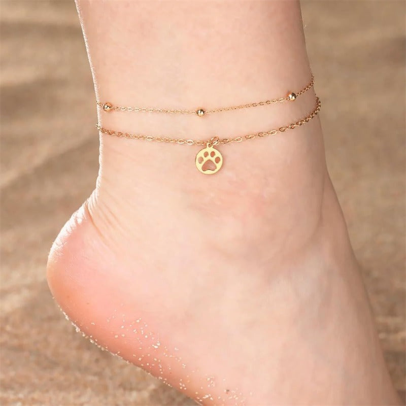 Round Paw Print Layered Stainless Steel Anklet