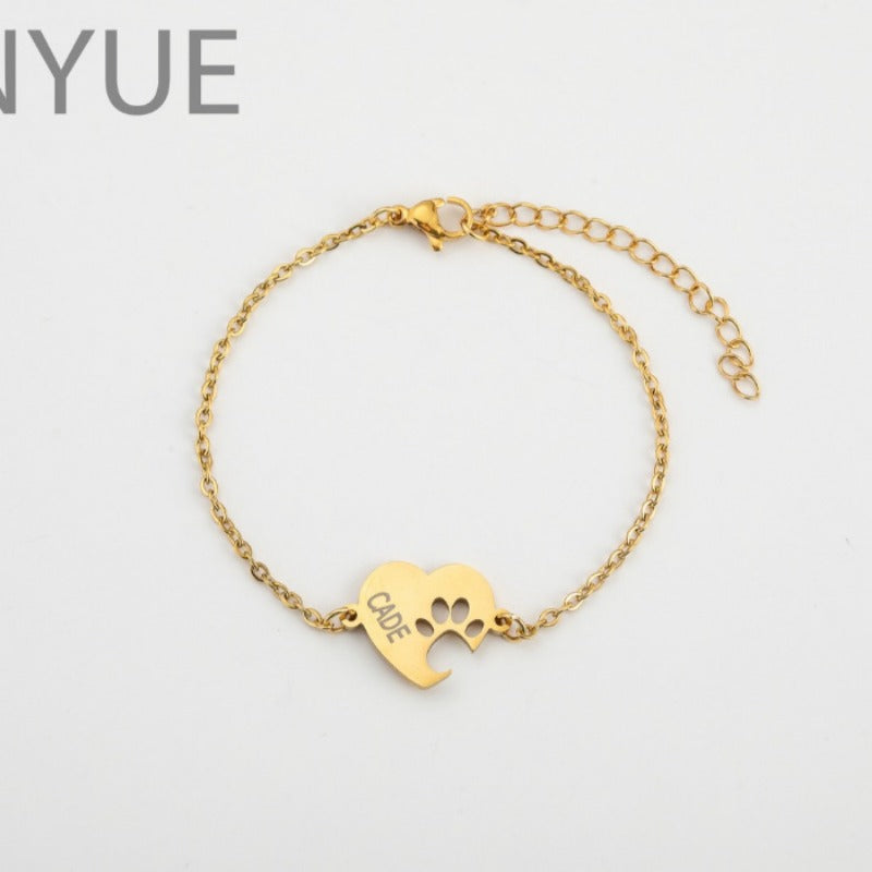 Stainless Steel Custom Name Heart-Shaped Cat Paw Bracelet