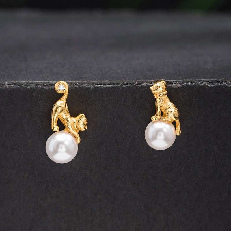 S925 Silver Creative Asymmetrical Kitten Earrings