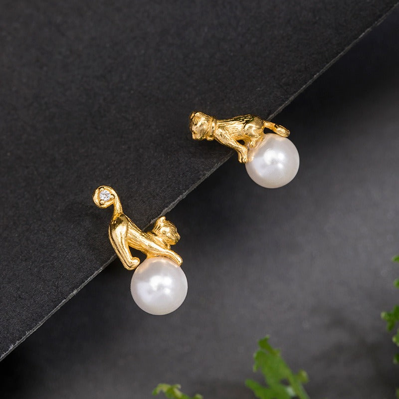 S925 Silver Creative Asymmetrical Kitten Earrings