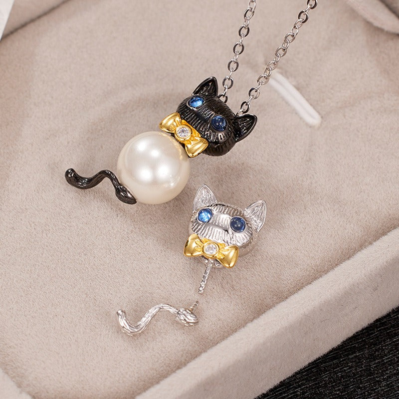 S925 Silver Bowtie Kitten Necklace