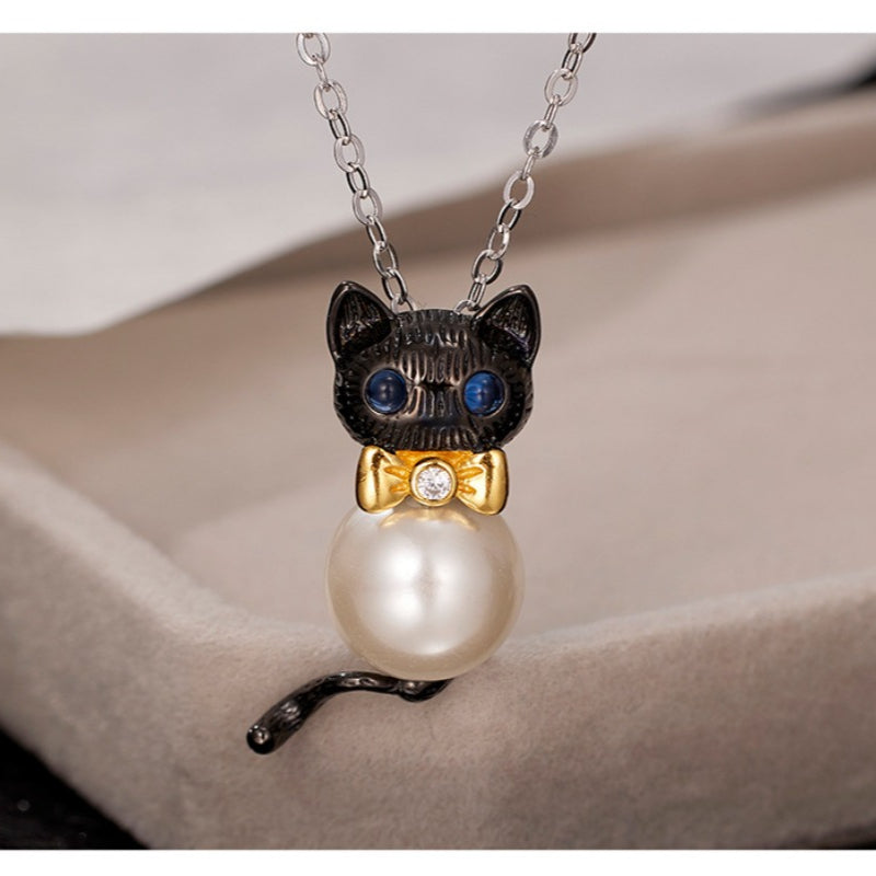 S925 Silver Bowtie Kitten Necklace