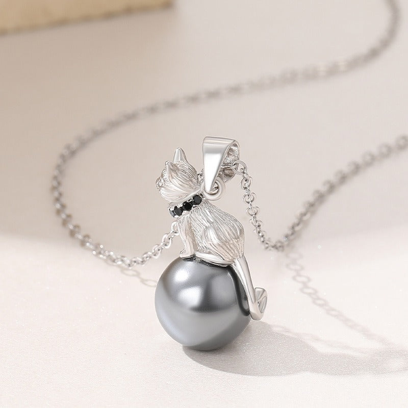 925 Sterling Silver Kitten With Pearl Collarbone Necklace