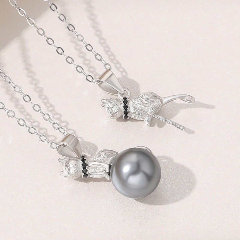 925 Sterling Silver Kitten With Pearl Collarbone Necklace