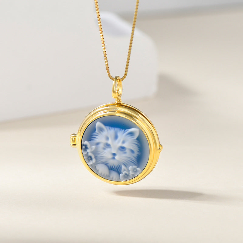 S925 silver French round blue agate cat Pendan-Chain NOT Included
