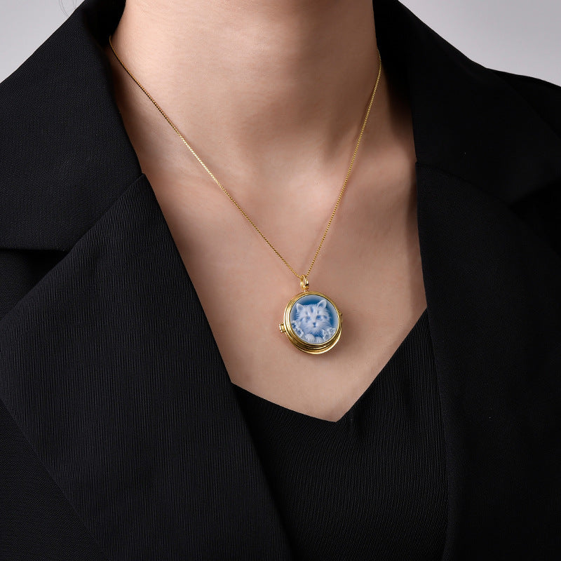 S925 silver French round blue agate cat Pendan-Chain NOT Included