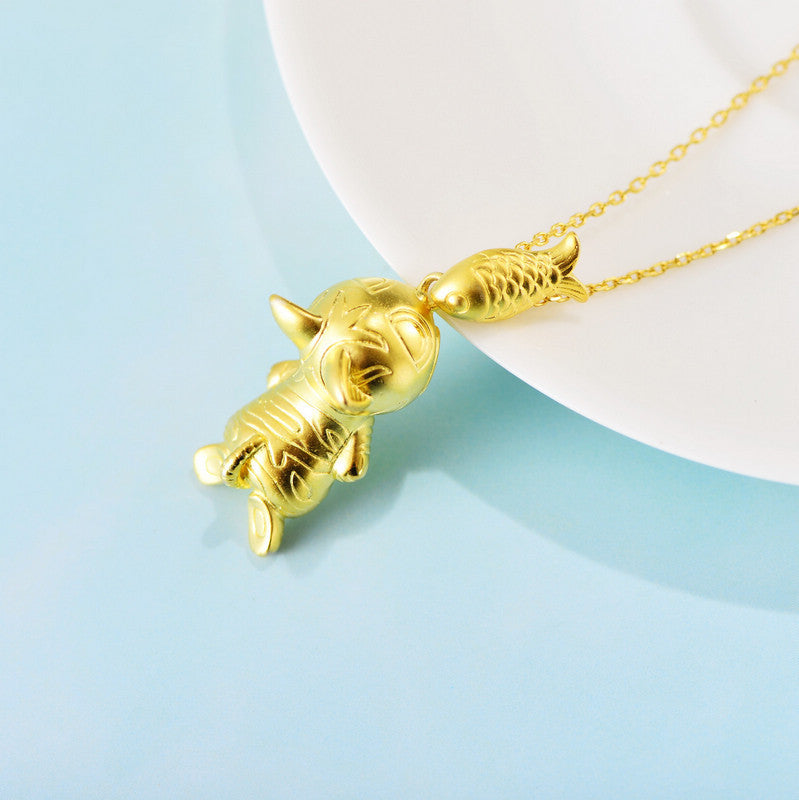 S925 Gold PlatedSterling Silver Kitten & Fish Pendant