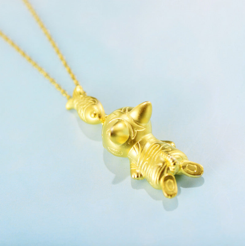 S925 Gold PlatedSterling Silver Kitten & Fish Pendant
