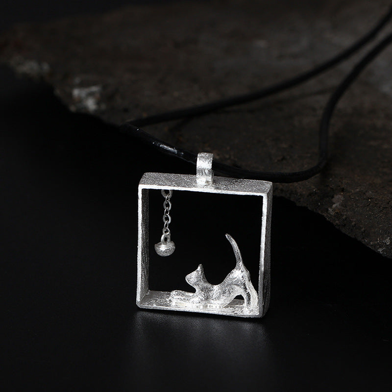 S925 Silver Kitten Plays Bead Scene Square Pendant