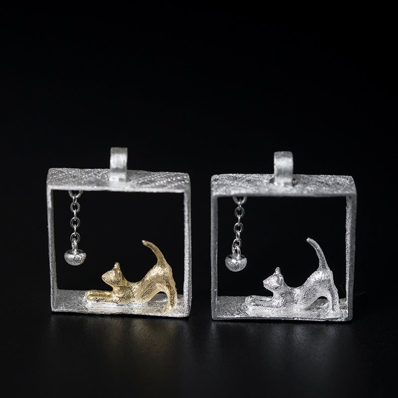 S925 Silver Kitten Plays Bead Scene Square Pendant