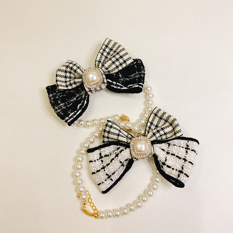Black & White Checkered Bowtie Pearl Necklace
