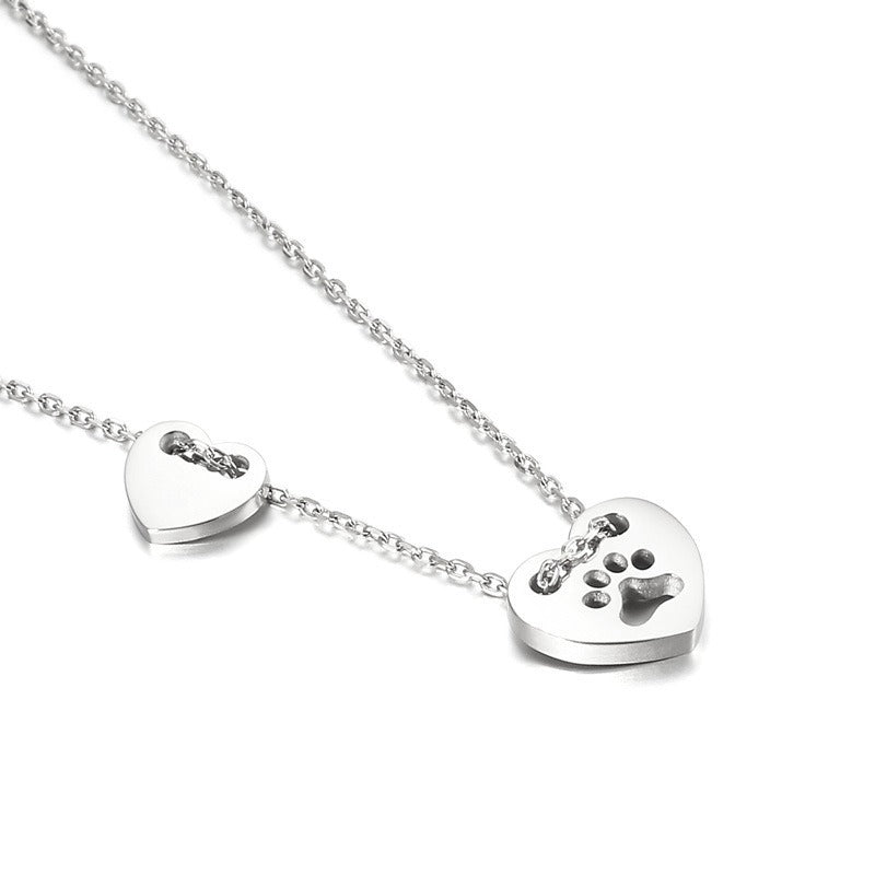 Titanium Cat Footprint Heart Necklace