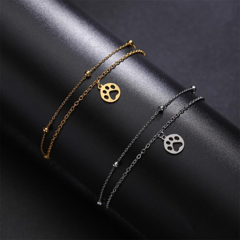 Round Paw Print Layered Stainless Steel Anklet
