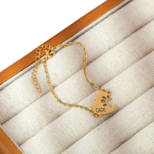 Stainless Steel Custom Name Heart-Shaped Cat Paw Bracelet