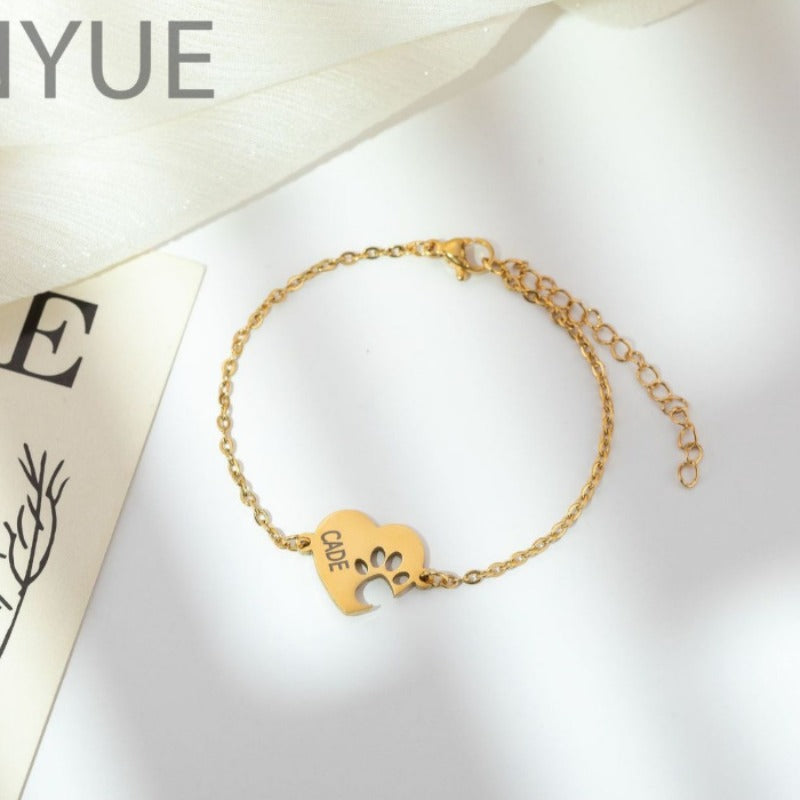 Stainless Steel Custom Name Heart-Shaped Cat Paw Bracelet