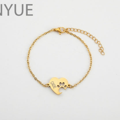 Stainless Steel Custom Name Heart-Shaped Cat Paw Bracelet