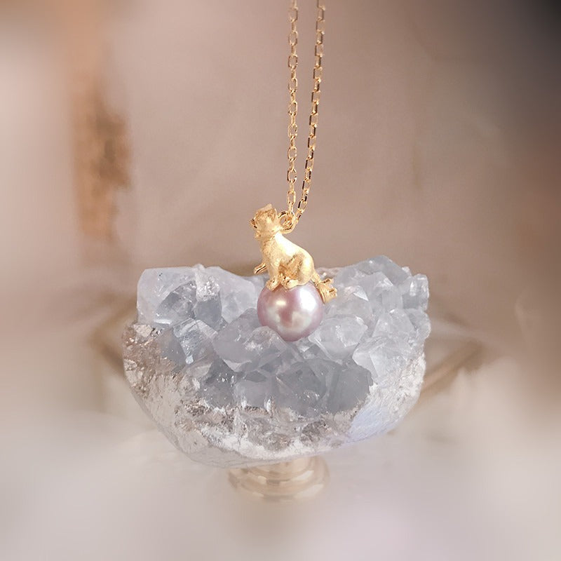 Freshwater Purple Pearl Cute Kitten Necklace