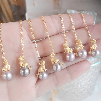 Freshwater Purple Pearl Cute Kitten Necklace