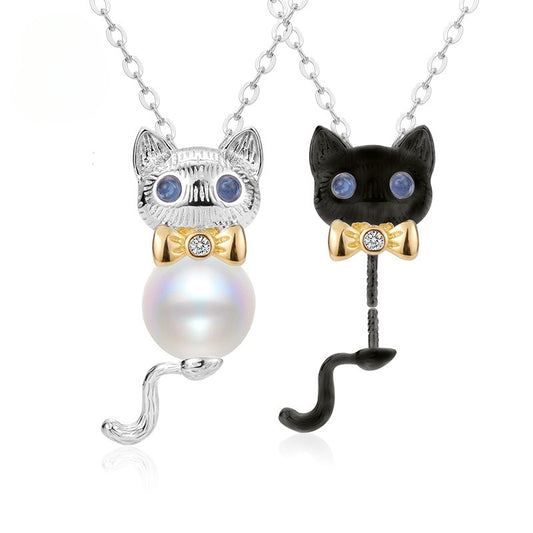 S925 Silver Bowtie Kitten Necklace