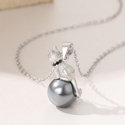 925 Sterling Silver Kitten With Pearl Collarbone Necklace