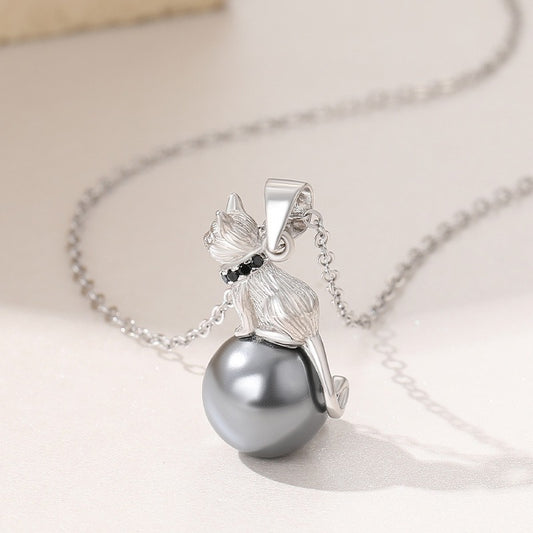 925 Sterling Silver Kitten With Pearl Collarbone Necklace
