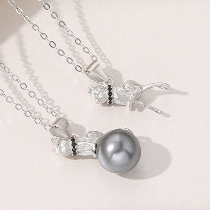 925 Sterling Silver Kitten With Pearl Collarbone Necklace