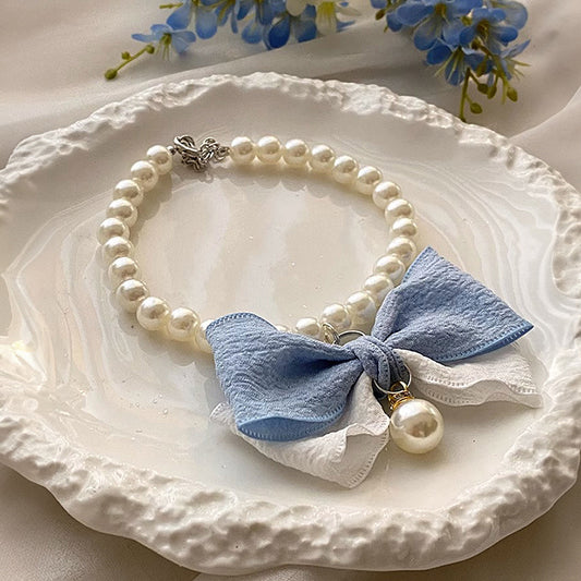 Blue Bowtie Pearl Pet Necklace