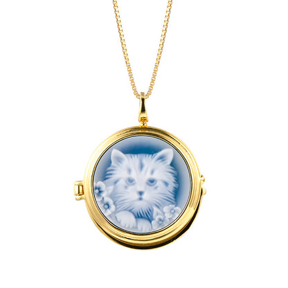 S925 silver French round blue agate cat Pendan-Chain NOT Included