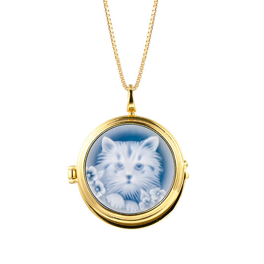 S925 silver French round blue agate cat Pendan-Chain NOT Included