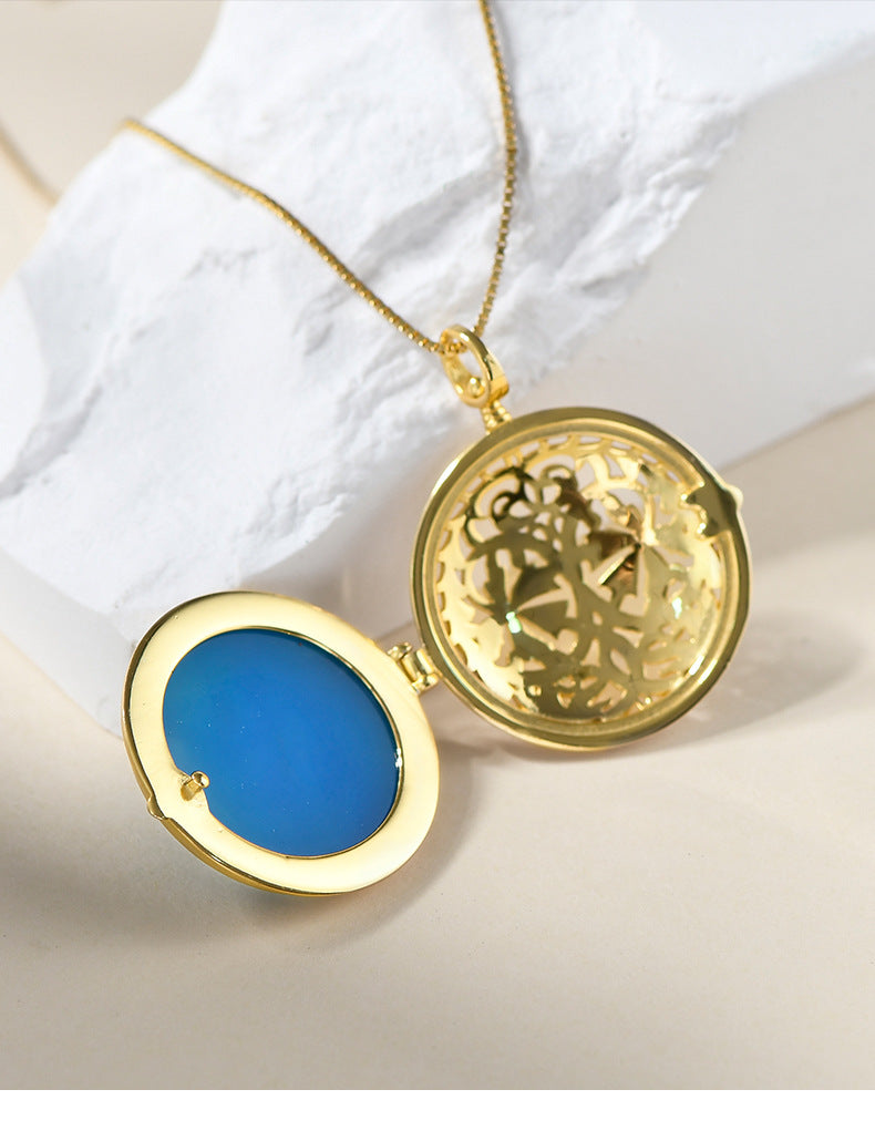 S925 silver French round blue agate cat Pendan-Chain NOT Included