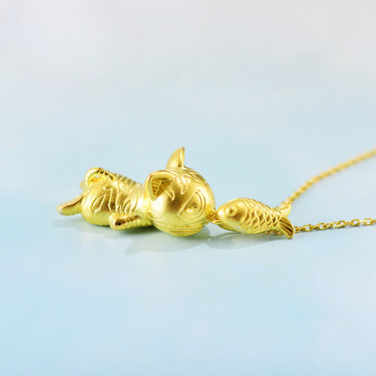 S925 Gold PlatedSterling Silver Kitten & Fish Pendant