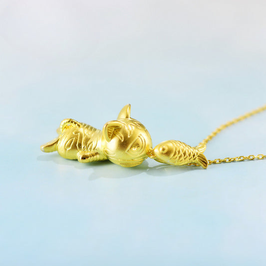 S925 Gold PlatedSterling Silver Kitten & Fish Pendant