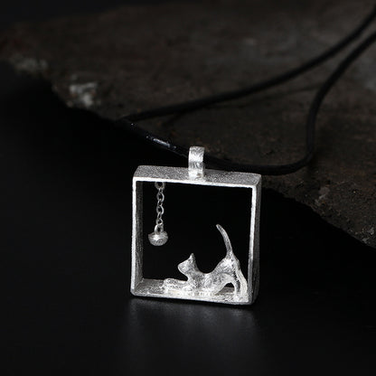 S925 Silver Kitten Plays Bead Scene Square Pendant