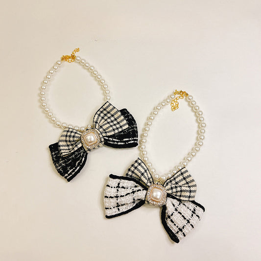 Black & White Checkered Bowtie Pearl Necklace